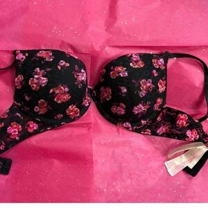 NEW Victoria's Secret Black and Pink Floral Bra 36D